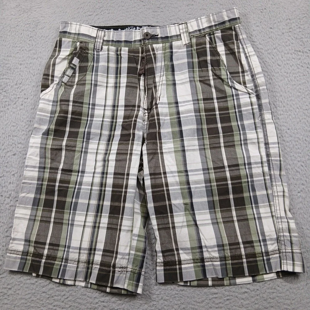 Public Opinion Plaid Cargo‎ Shorts Men's 34 Green Brown 100% Cotton EUC